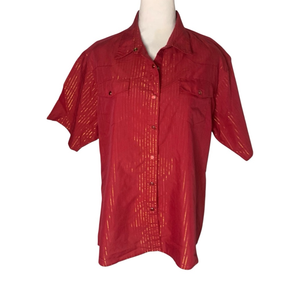 Vintage Wrangler Cranberry Red Gold StripePearl Snap Short Sleeve Shirt Unisex